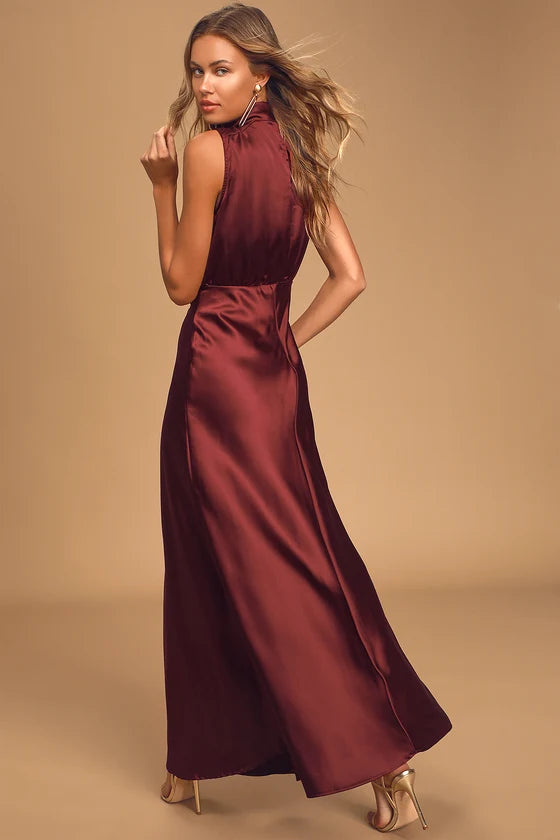 Timeless Classic: Classic Elegance Wine Satin Maxi Dress