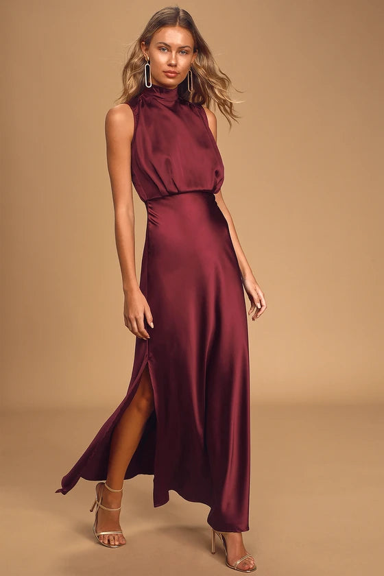 Timeless Classic: Classic Elegance Wine Satin Maxi Dress