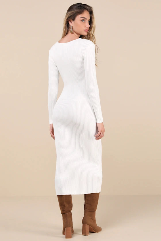 Pristine Energy Ivory Ribbed Beaded Long Sleeve Maxi Dress